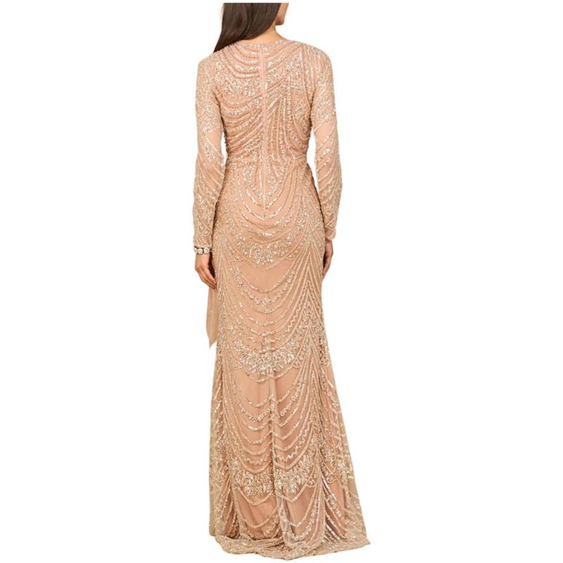 Women's Beaded Long Sleeve Gown with Tulle Applique