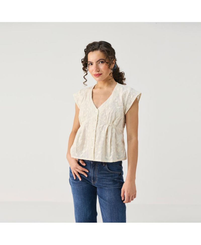 Women's Cream Embroidered Deep V-Neck Top