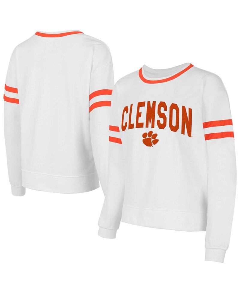 Women's White Clemson Tigers Borough French Terry Arch Over Long Sleeve Top
