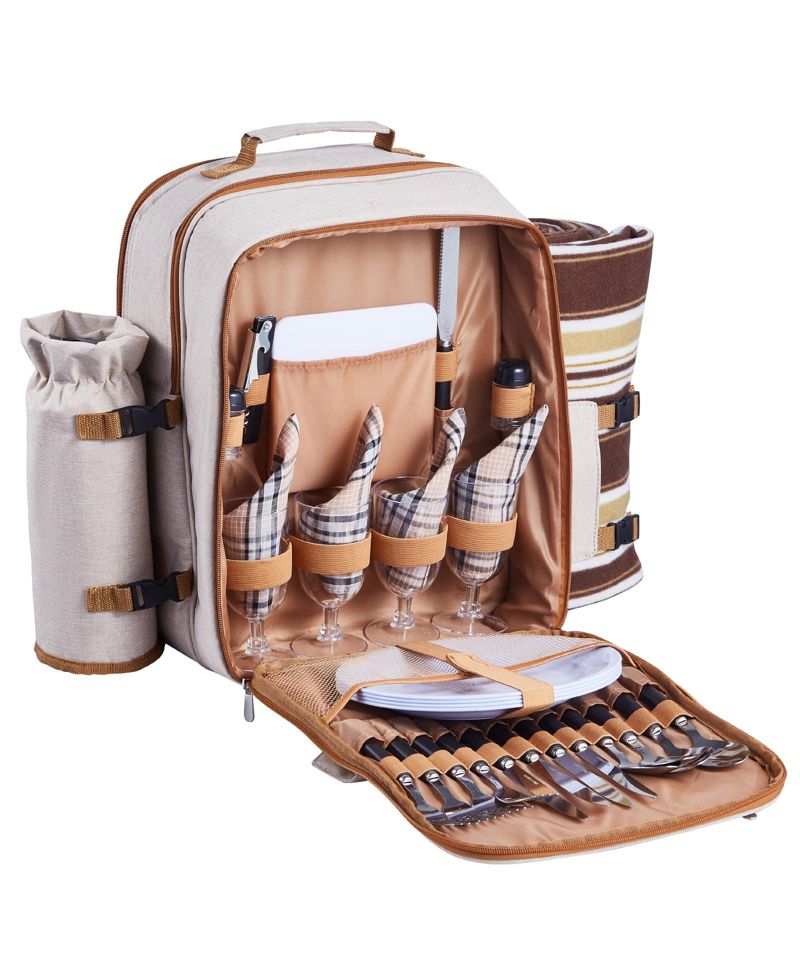 Picnic Backpack for 4 with Insulated Cooler, Blanket, Plates and Cutlery Set, 20 L