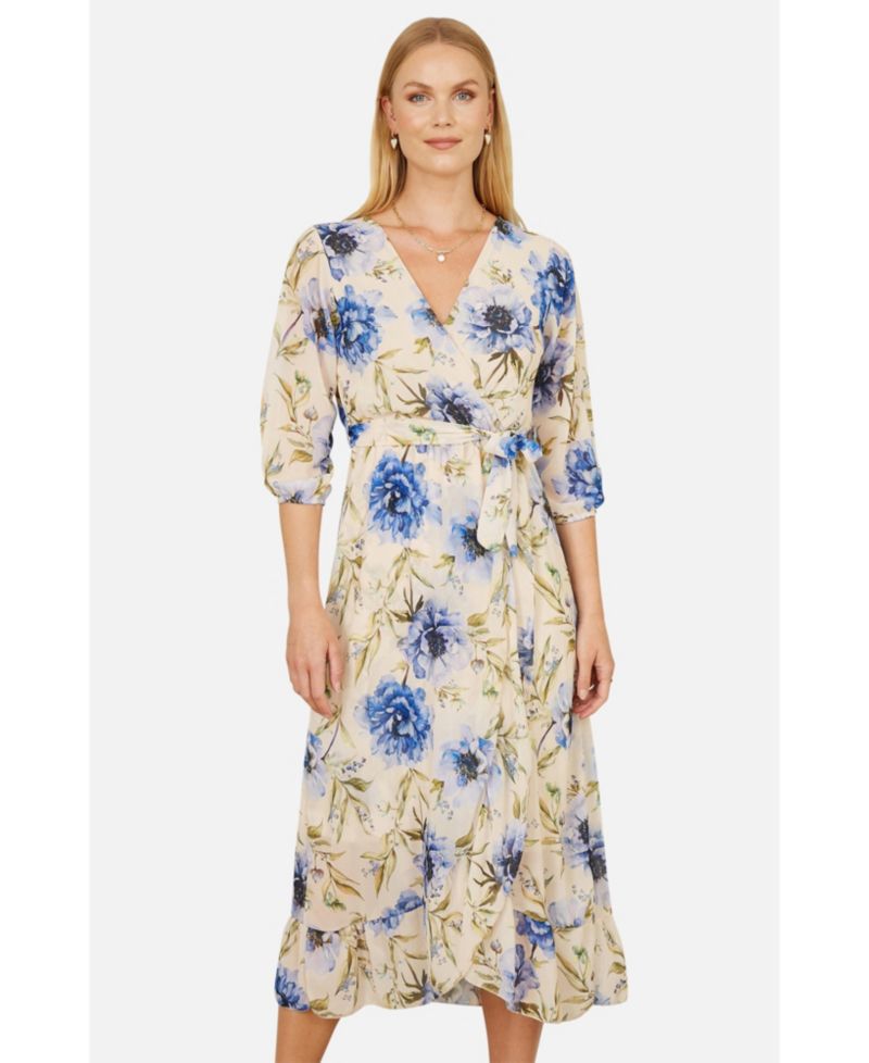 Women's 3/4 Sleeve V-Neck Wrap Midi Dress
