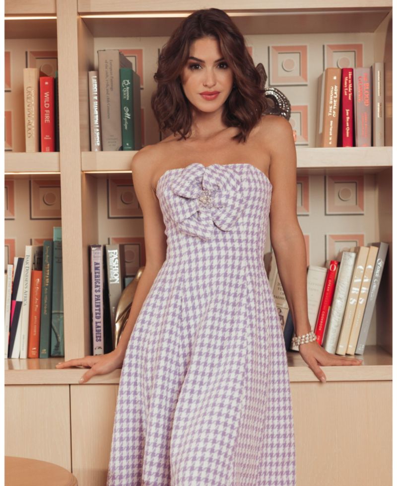 Women's Strapless Boucle Midi Dress with Embellished Floral Detail
