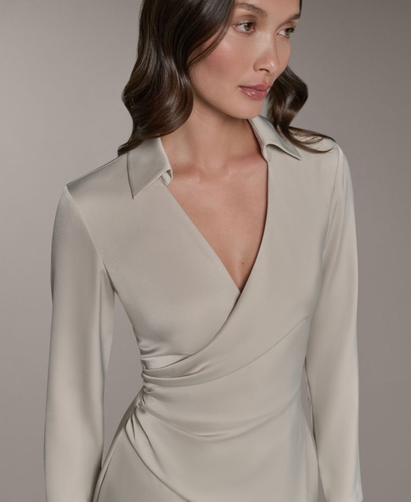 Women's Long-Sleeve Satin Collared V-Neck Midi Wrap Dress