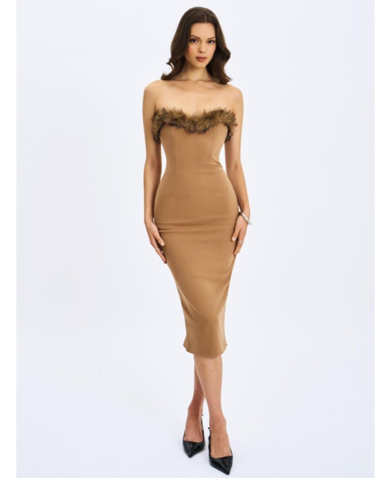 Women's Rayanne Chestnut Strapless Faux Fur-Trimmed Sweetheart Maxi Dress
