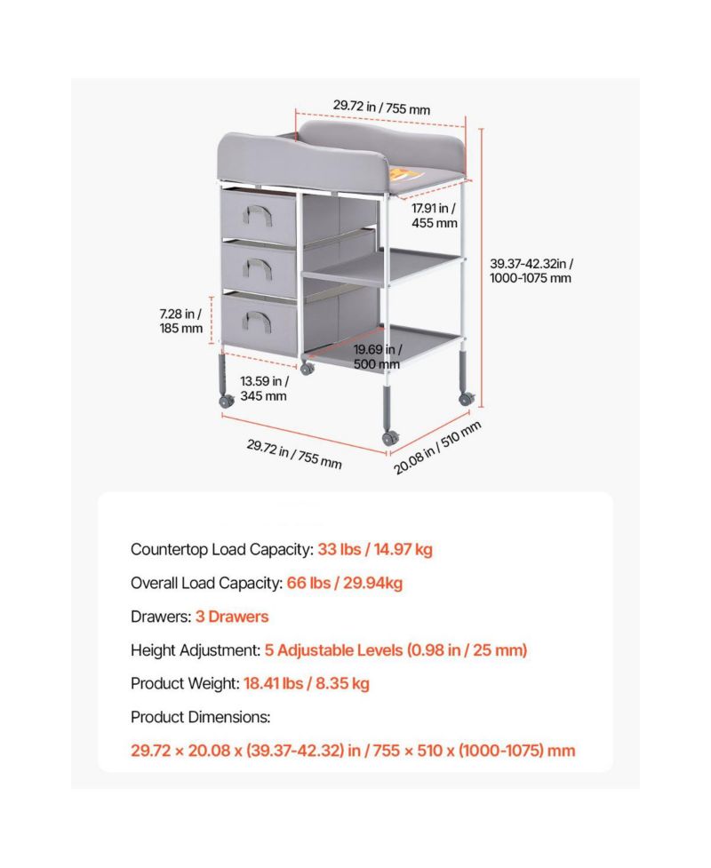 Portable Baby Changing Table with 3 Drawers and Wheels, Diaper Change Station