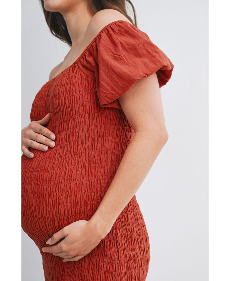 Women's Off-the-Shoulder Smocked Bodycon Midi Dress with Ruffle Hem