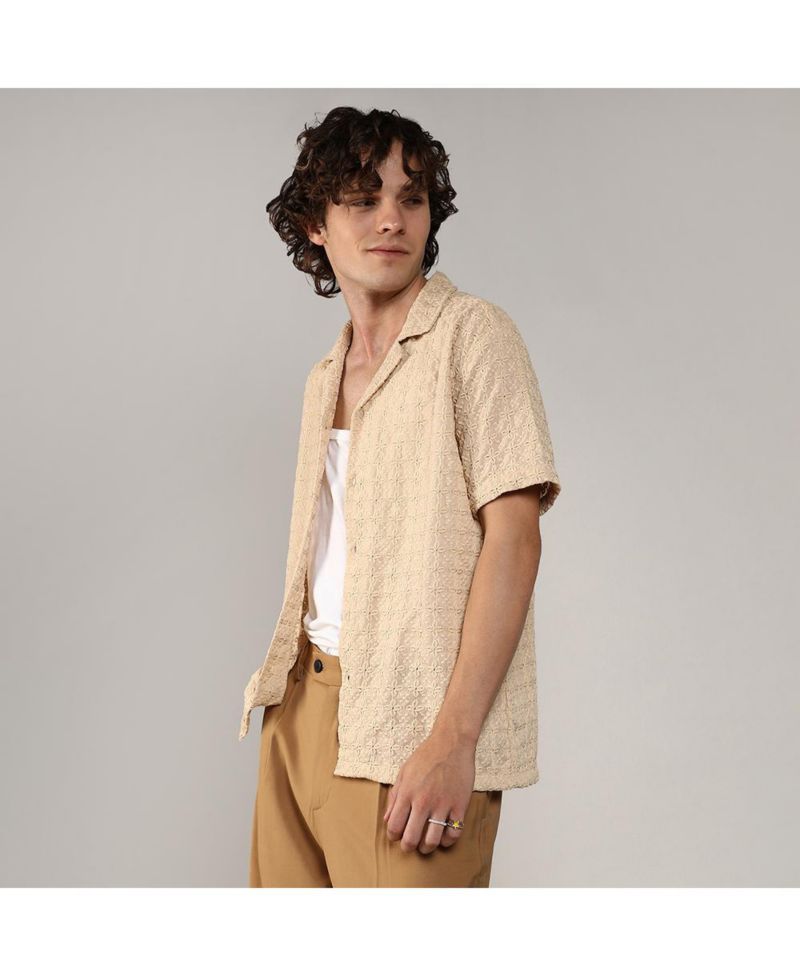 Men's Beige Embroidered Flora Shirt