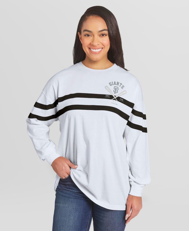 Women's White San Francisco Giants Oversized Long Sleeve Striped T-Shirt