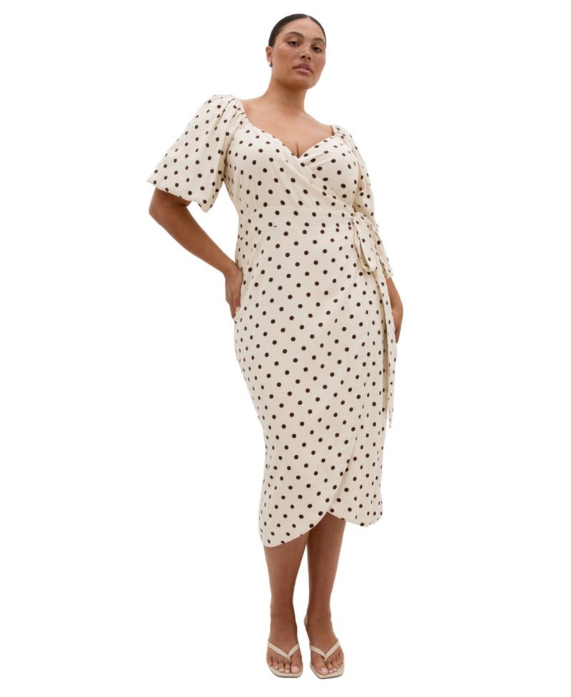Plus Size Claudine Wrap Spot-Print Balloon-Sleeve Midi Dress
