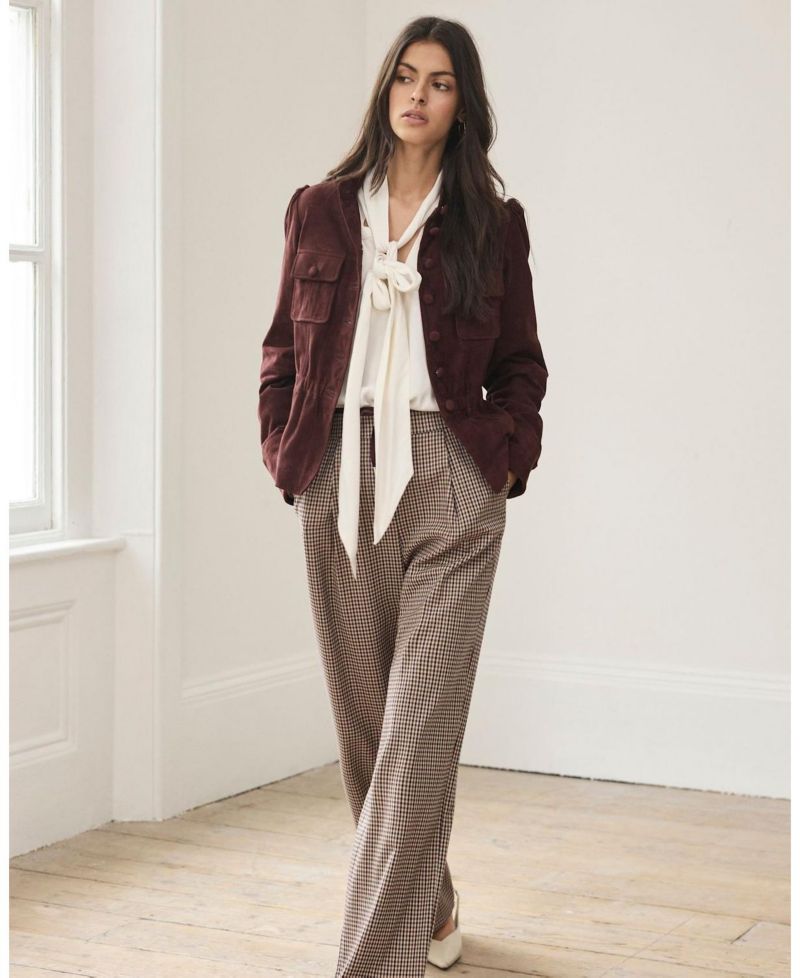 Women's Checked Contrast Waist Wide Leg Trousers