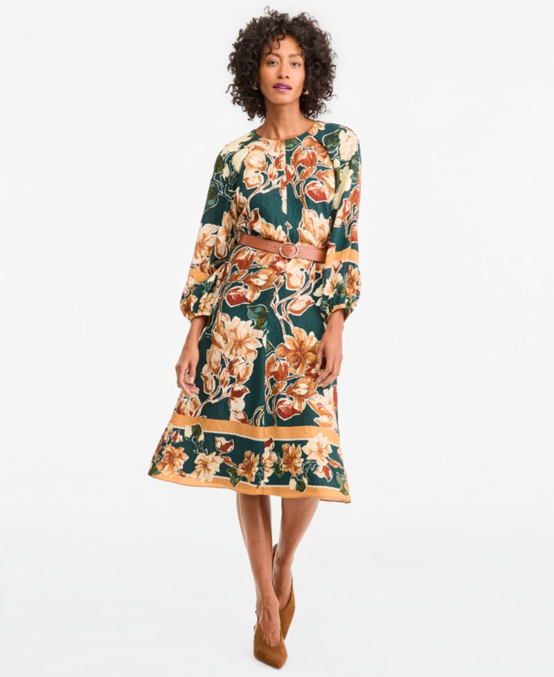 Women's Long-Sleeve Floral A-Line Midi Dress