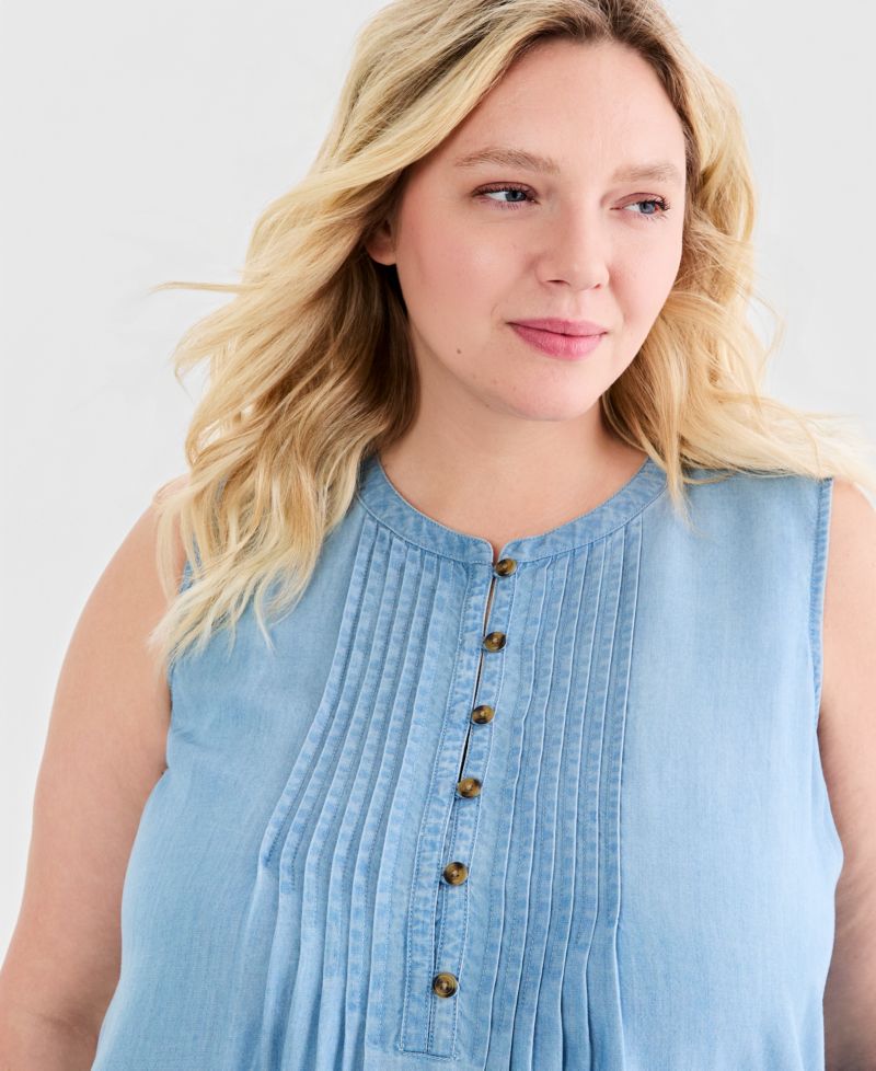 Plus Size Chambray Sleeveless Pintuck Dress