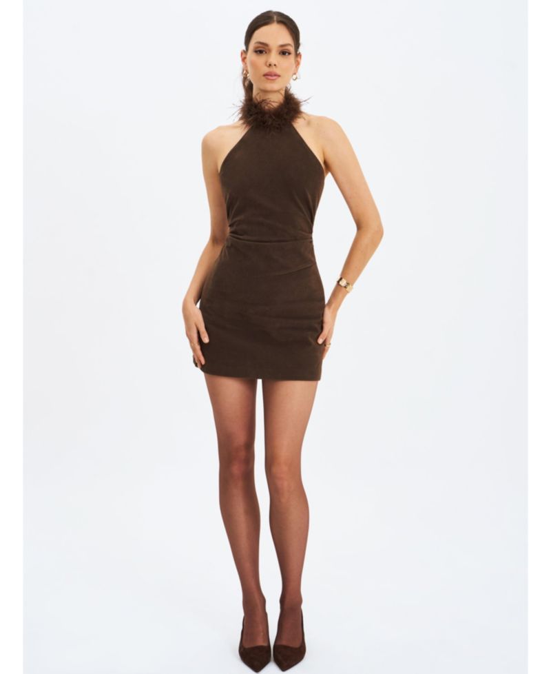 Women's Yael Espresso Suede Faux Fur Halter Mini Dress