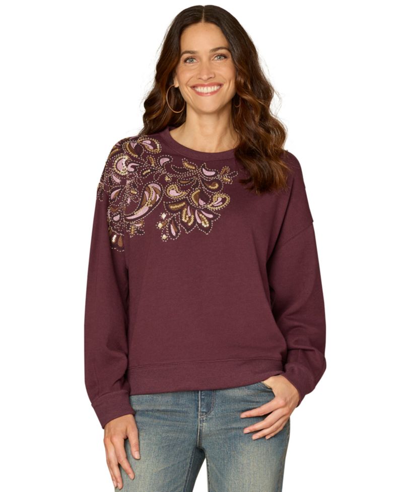 Women's Beaded Crewneck Long-Sleeve Sweatshirt
