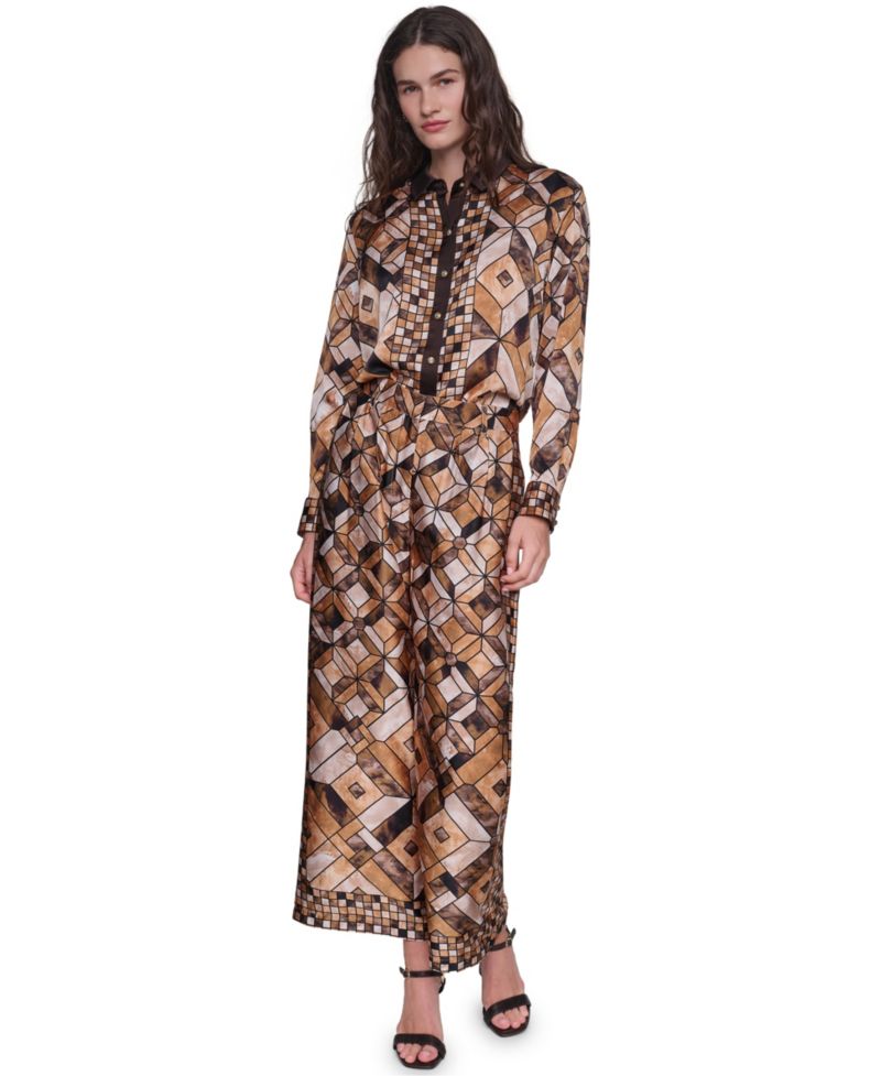 Women's Geometric-Print Pleated Wide-Leg Pants