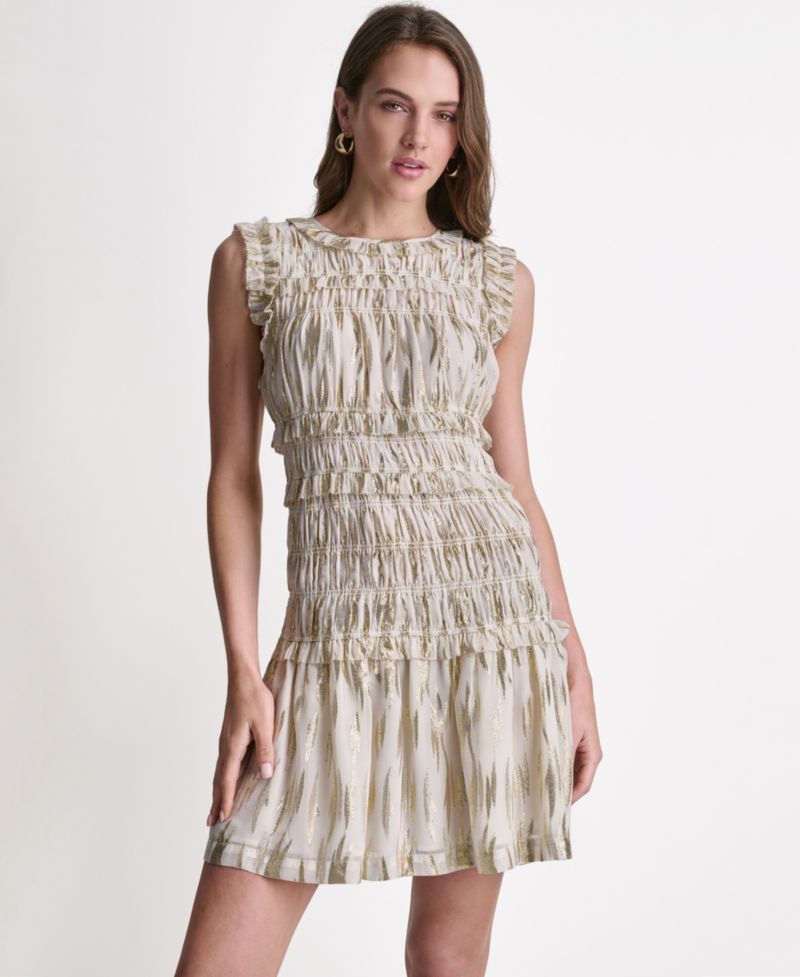 Women's Sleeveless Smocked Gold Foil Ruffle Mini Dress