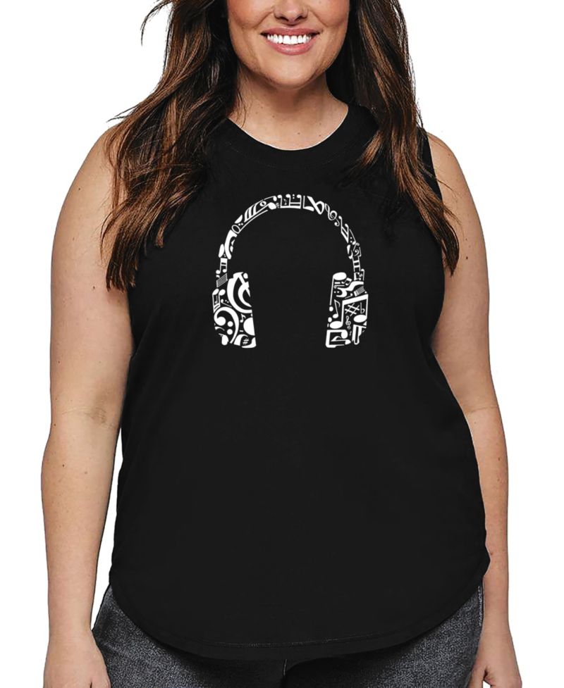 Plus Size Music Note Headphones Word Art Tank Top