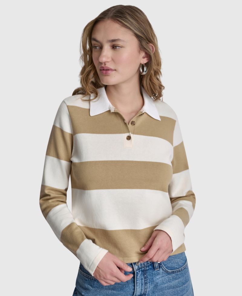 Women's Long-Sleeve Logo Charm Multi-Stripe Cotton Polo Sweater
