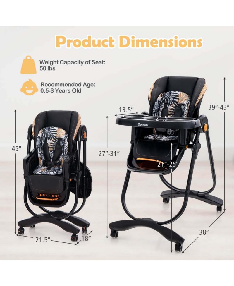 Baby High Chair with Wheel Folding Baby Dining Adjustable Height