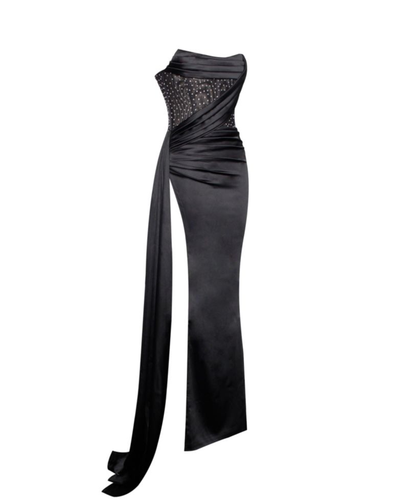 Women's Holly Black Crystallized Corset High Slit Satin Gown