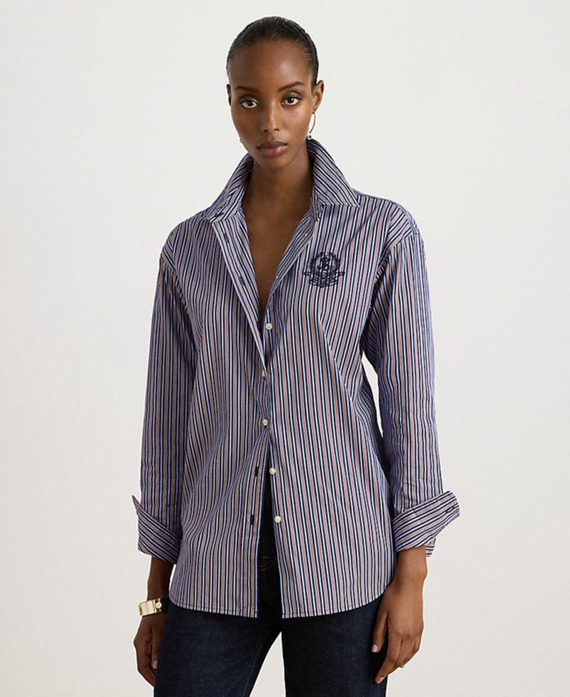 Petite Striped Point-Collar Relaxed-Fit Button-Down Shirt