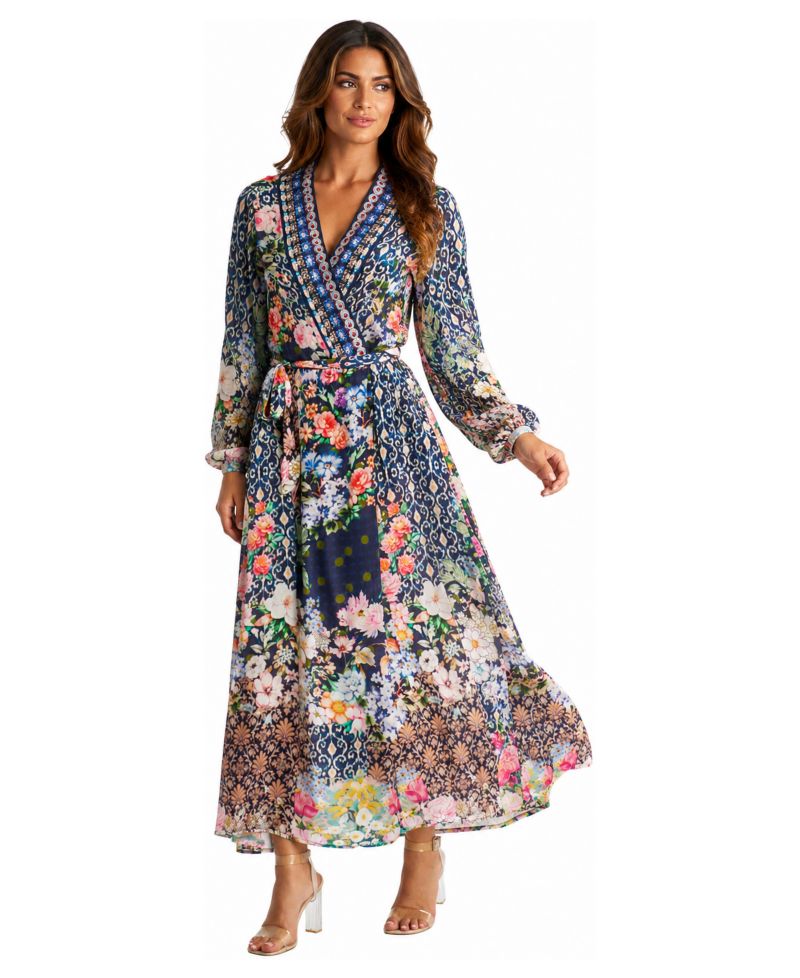 Women's Floral-Patchwork Long-Sleeve Wrap Maxi Dress