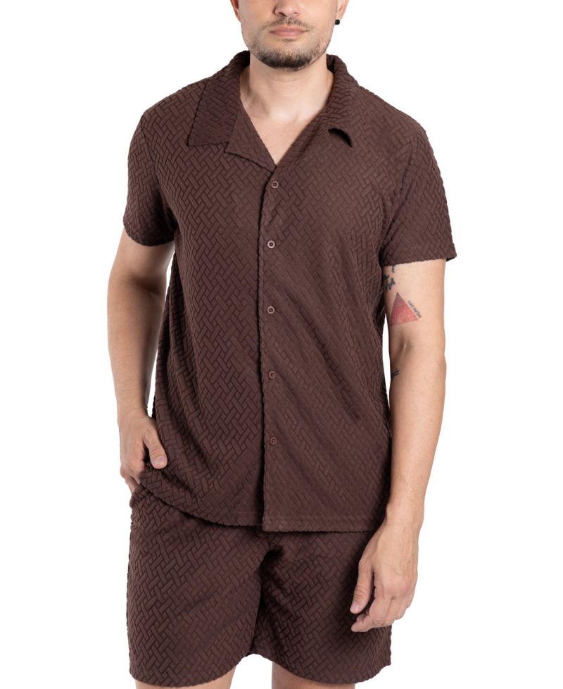 Men's Casual Textured Camp Collar Short Sleeve Button-Up Shirt