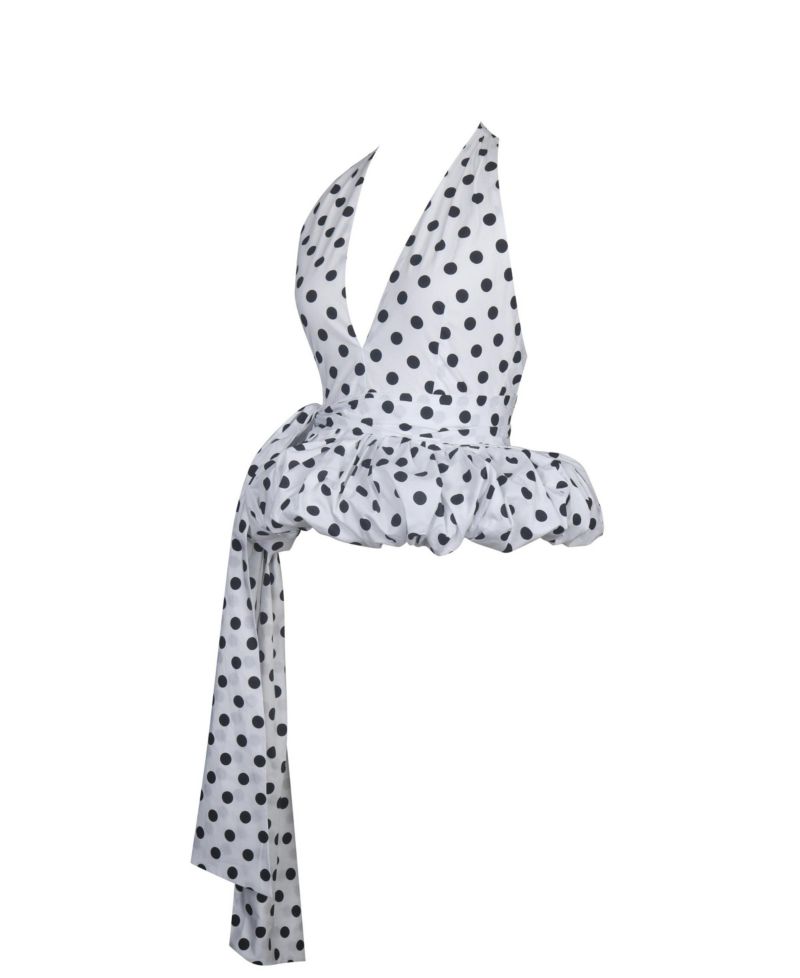 Women's Ilene White and Black Polka Dot Bubble Hem Halter Top