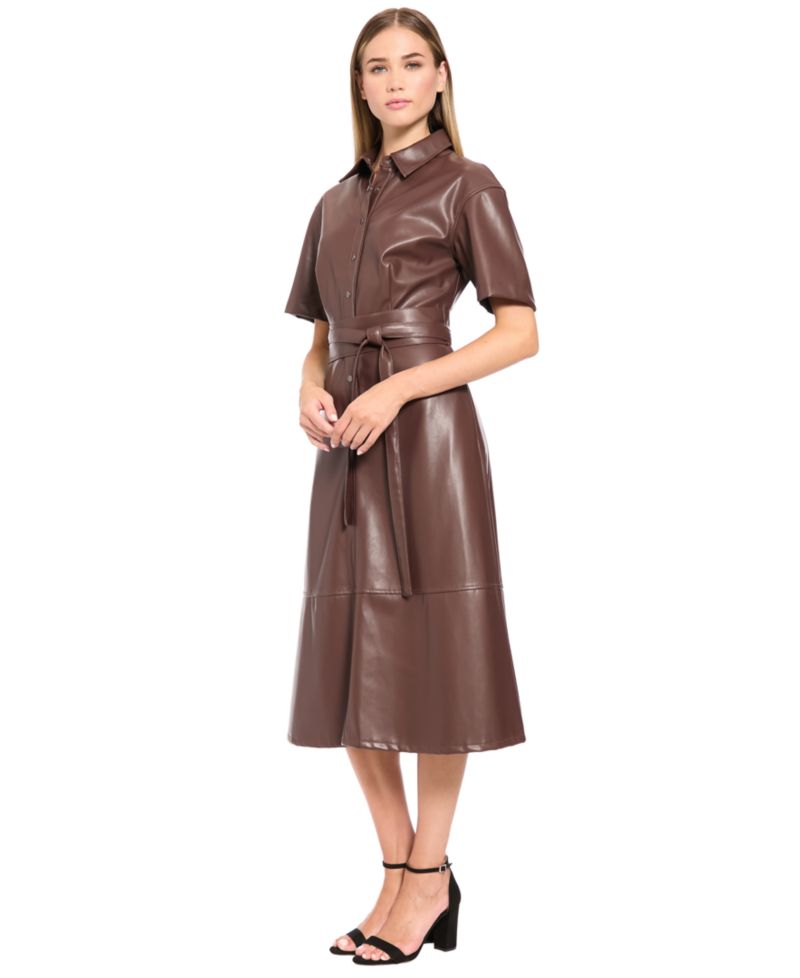 Women's Faux Leather Short-Sleeve Midi Dress