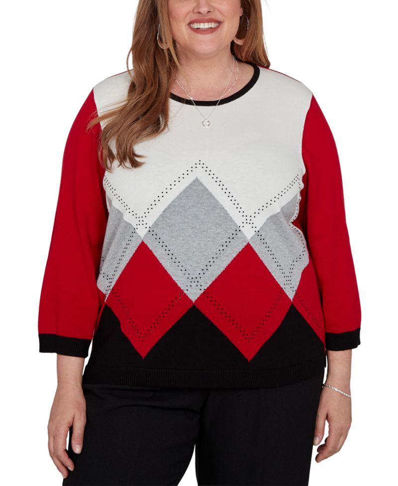Plus Size Argyle Beaded 3/4-Sleeve Cotton-Blend Sweater