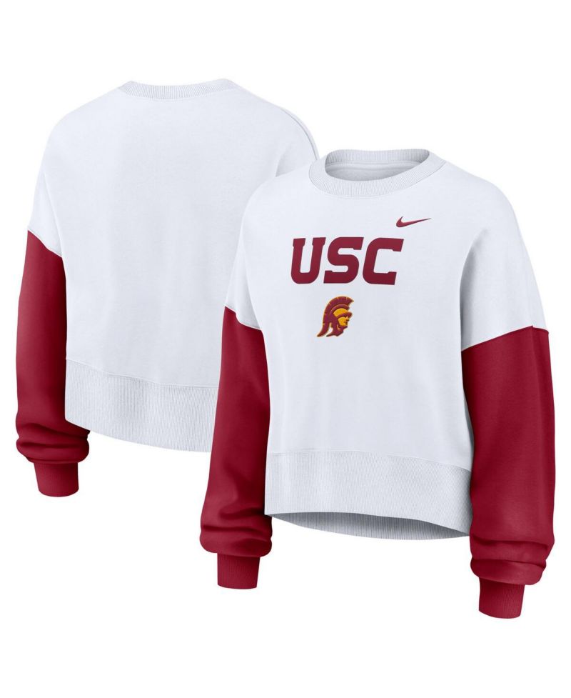 Women's White USC Trojans Color-Block Oversized Cropped Pullover Sweatshirt