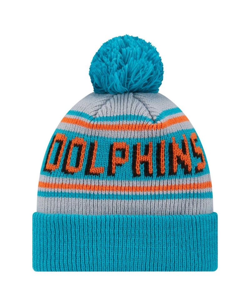 Big Boys and Girls Aqua Miami Dolphins Main Cuffed Knit Hat with Pom