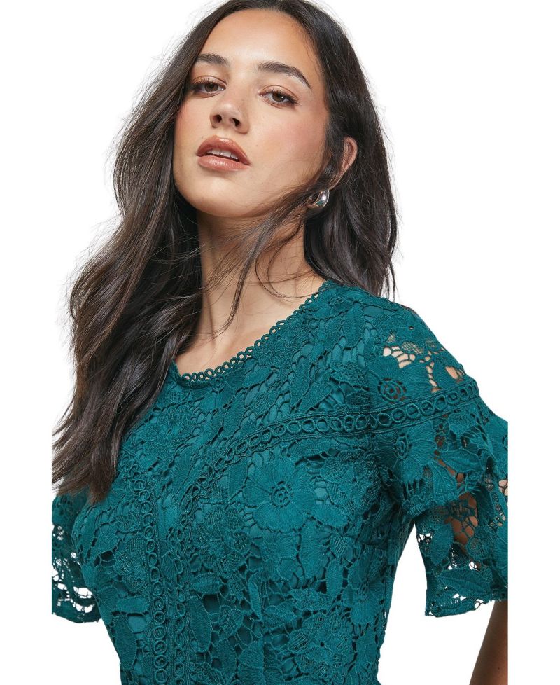 Women's Lace Trim Detail Frill Sleeve Mini Dress