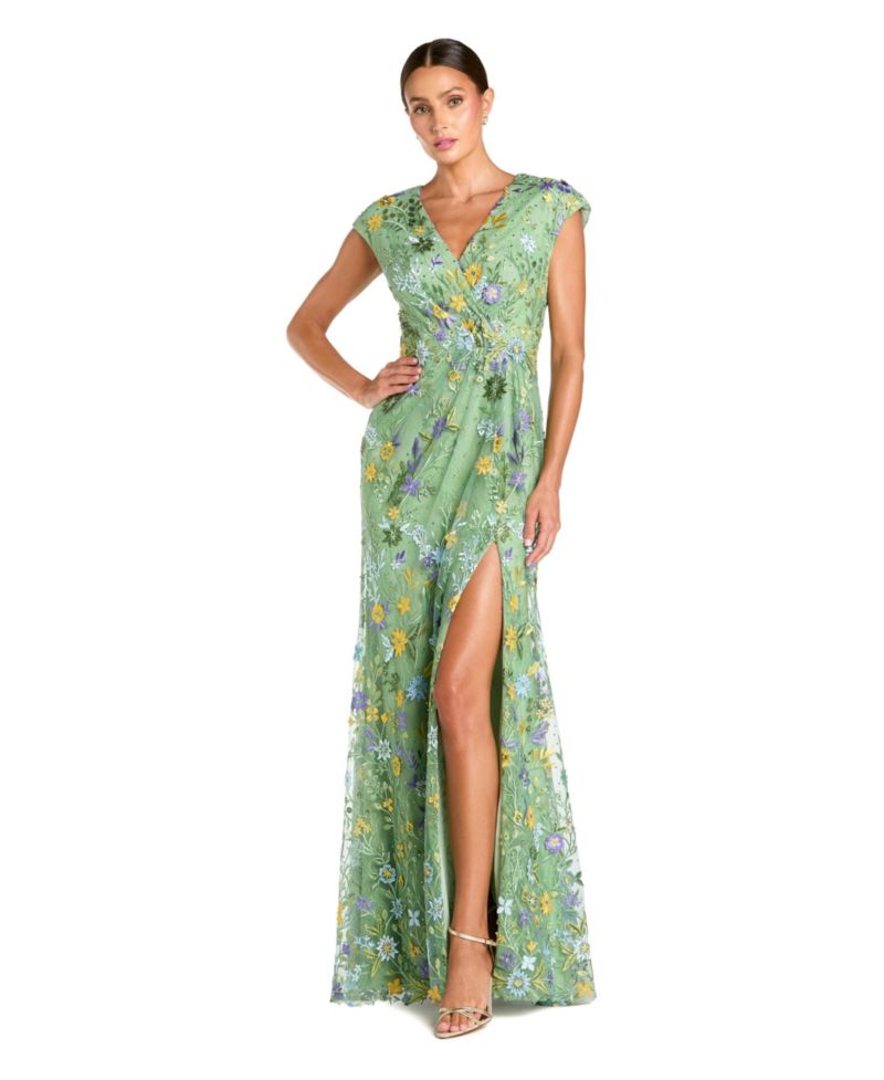Women's Faux Wrap Embroidered Cap Sleeve Gown
