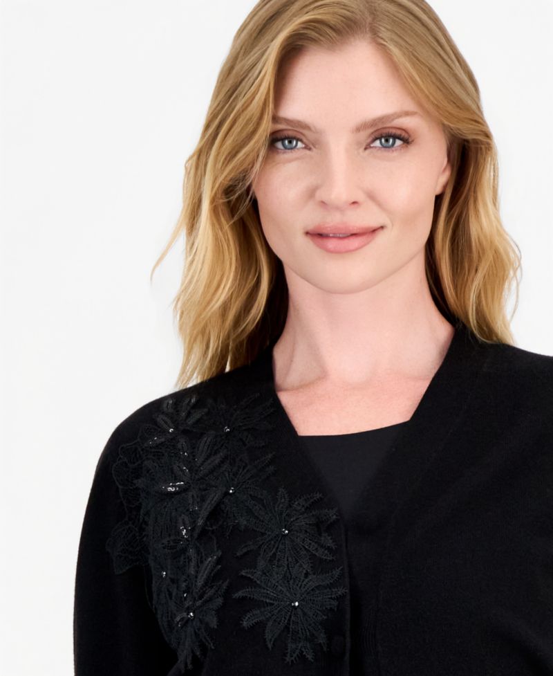 Women's Long-Sleeve Floral Lace-Applique Button-Up Cardigan