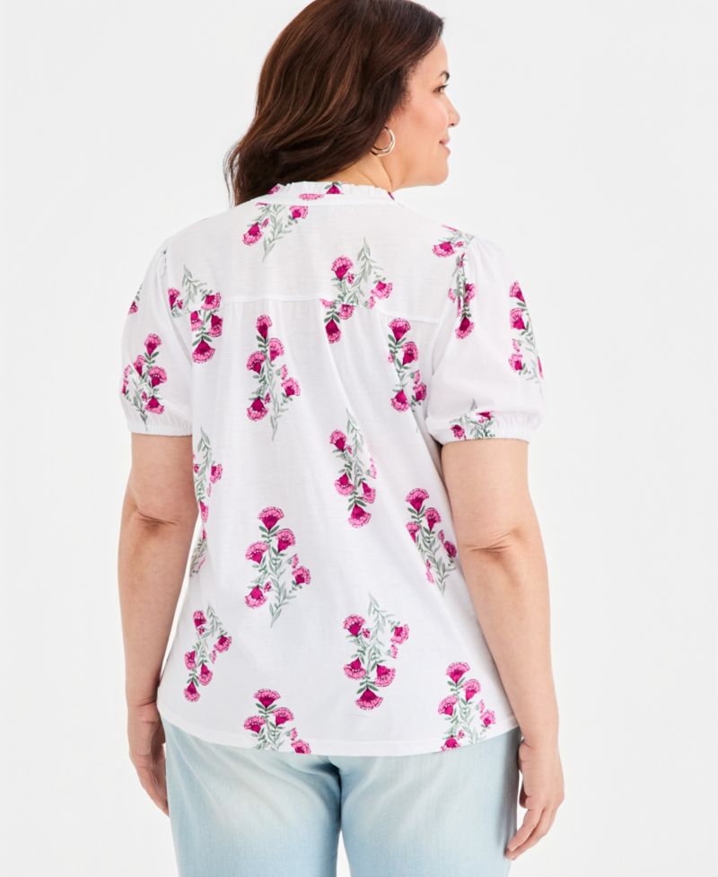 Petite Floral-Print Puff-Sleeve Top