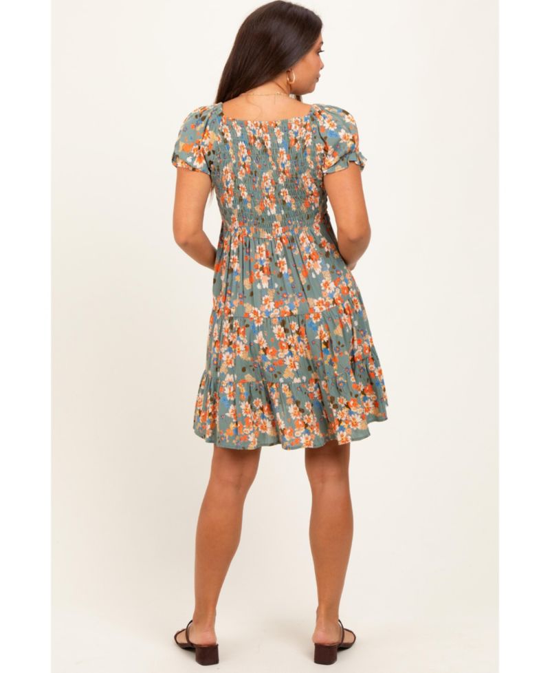 Women's Olive Floral Smocked V-Neck Puff Sleeve Dress
