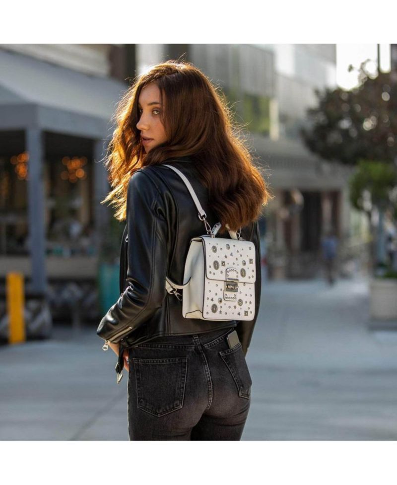 Leather Backpack Purse Convertible Crossbody Bag with Embellishments and Top Handle White Women's Handbag