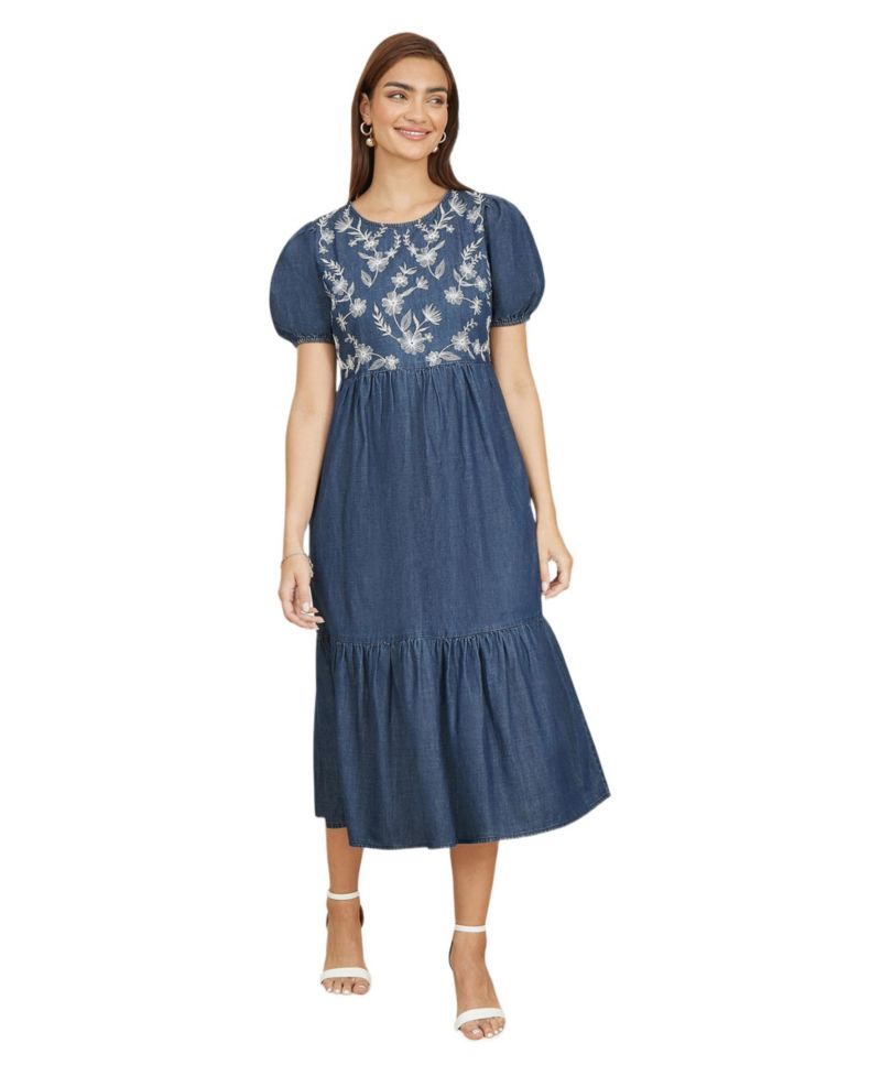 Women's Floral Embroidered Puff Sleeve Dress