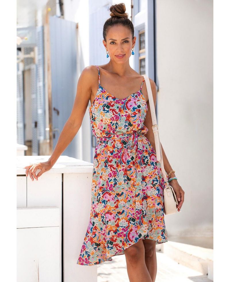 Women's Printed Satin Tie Waist V-Neck Elastic-Waist Midi Dress