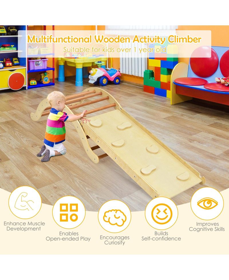 Ages 1+ 3-in-1 Reversible Wooden Ladder Arch, Ramp and Rocker Board, 3-Piece Set