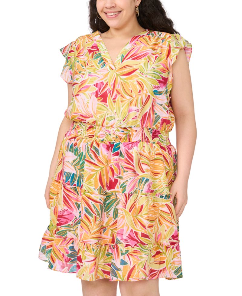 Plus Size Smocked Waist Tiered V-Neck Short-Sleeve Dress