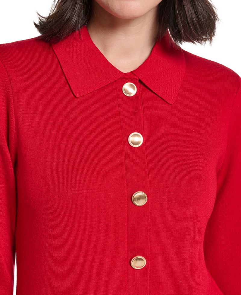 Petite Collared Button-Front Long-Sleeve Midi Dress