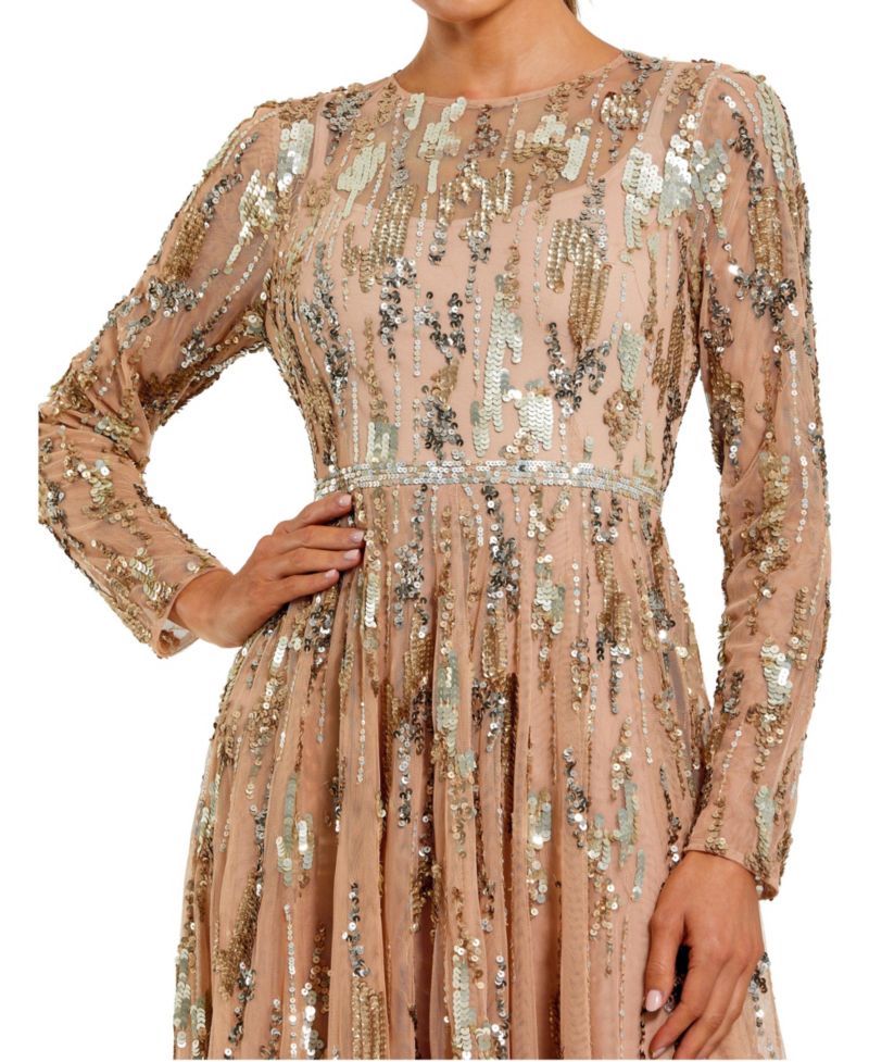 Women's Long Sleeve Mesh Embellished Evening Gown