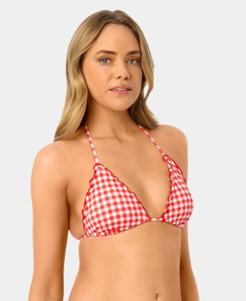 Women's Gingham Lettuce Edge Trim Swim Bikini Top