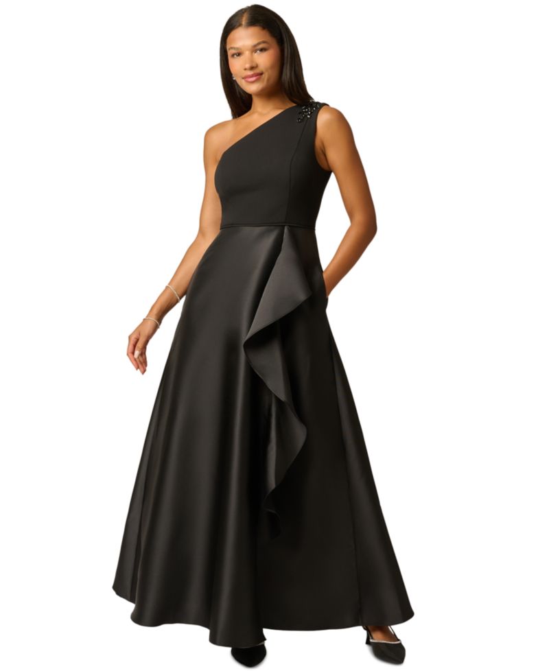 Women's One-Shoulder Combo Mikado Ruffle Gown