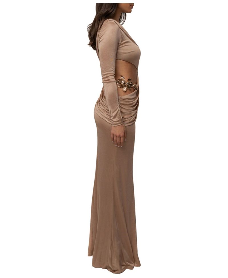 Women's Golden Frame Accent Long-Sleeve Asymmetrical One-Shoulder Cutout Dress