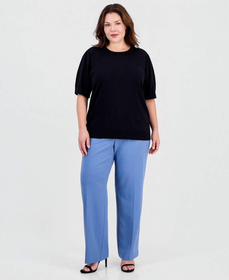 Plus Size Short Puff Sleeve Crewneck Sweater