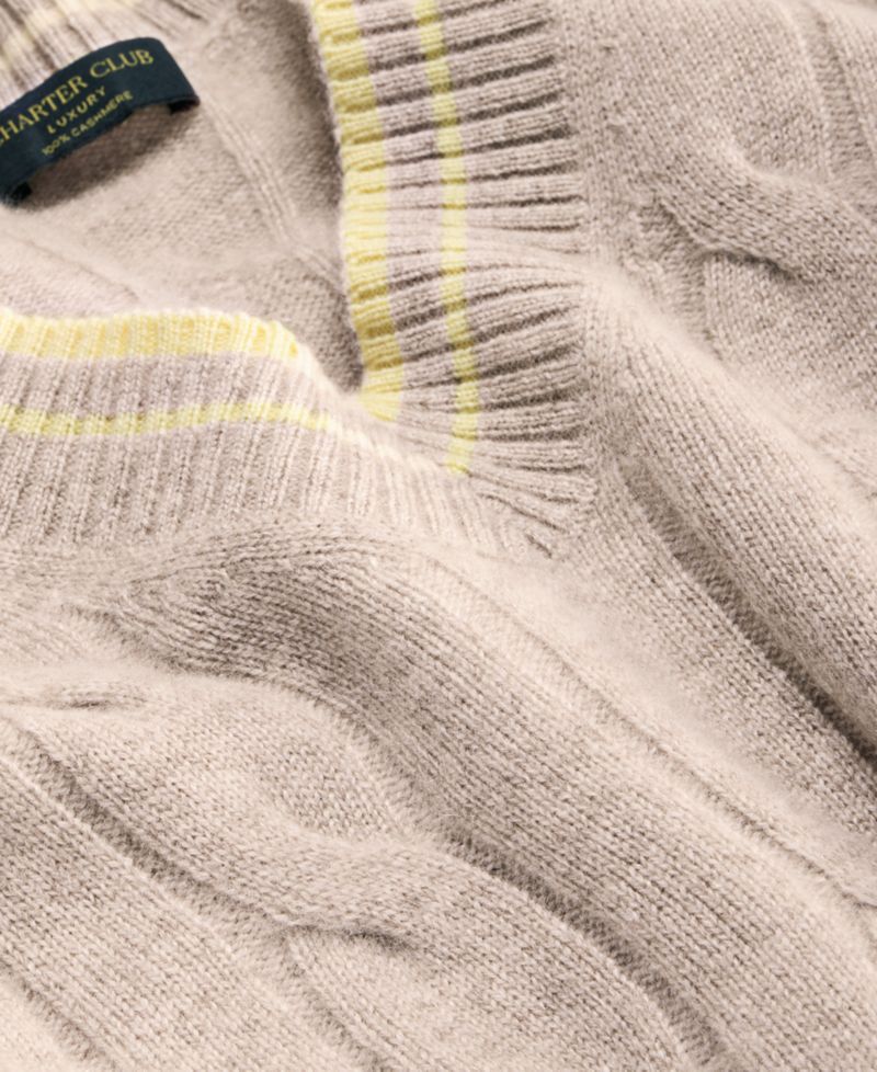 Women's 100% Cashmere Cable-Knit Tipped V-Neck Sweater