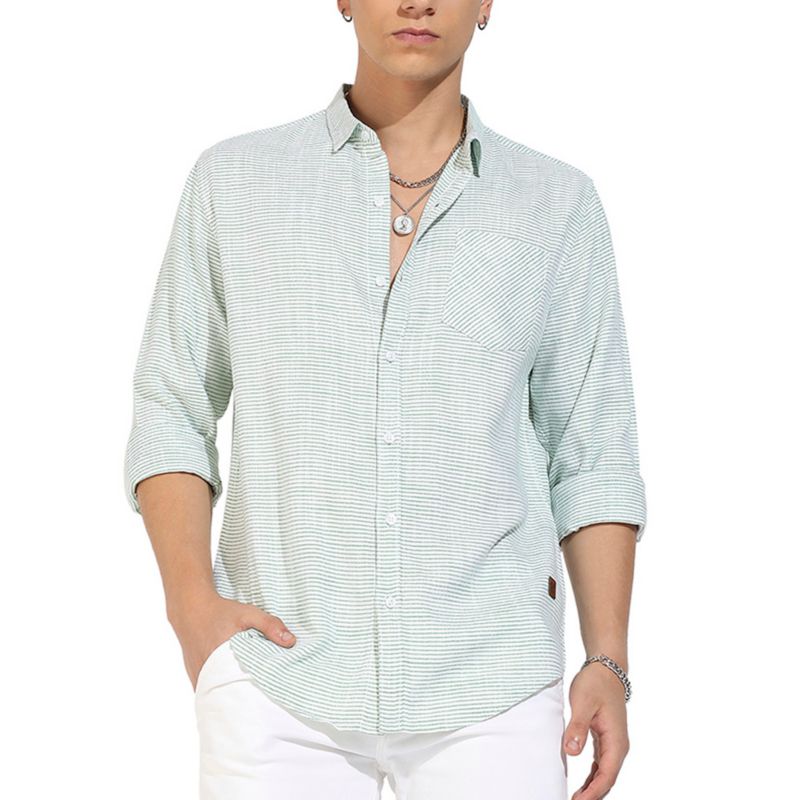 Men's White and Green Horizontal Chalk Striped Shirt